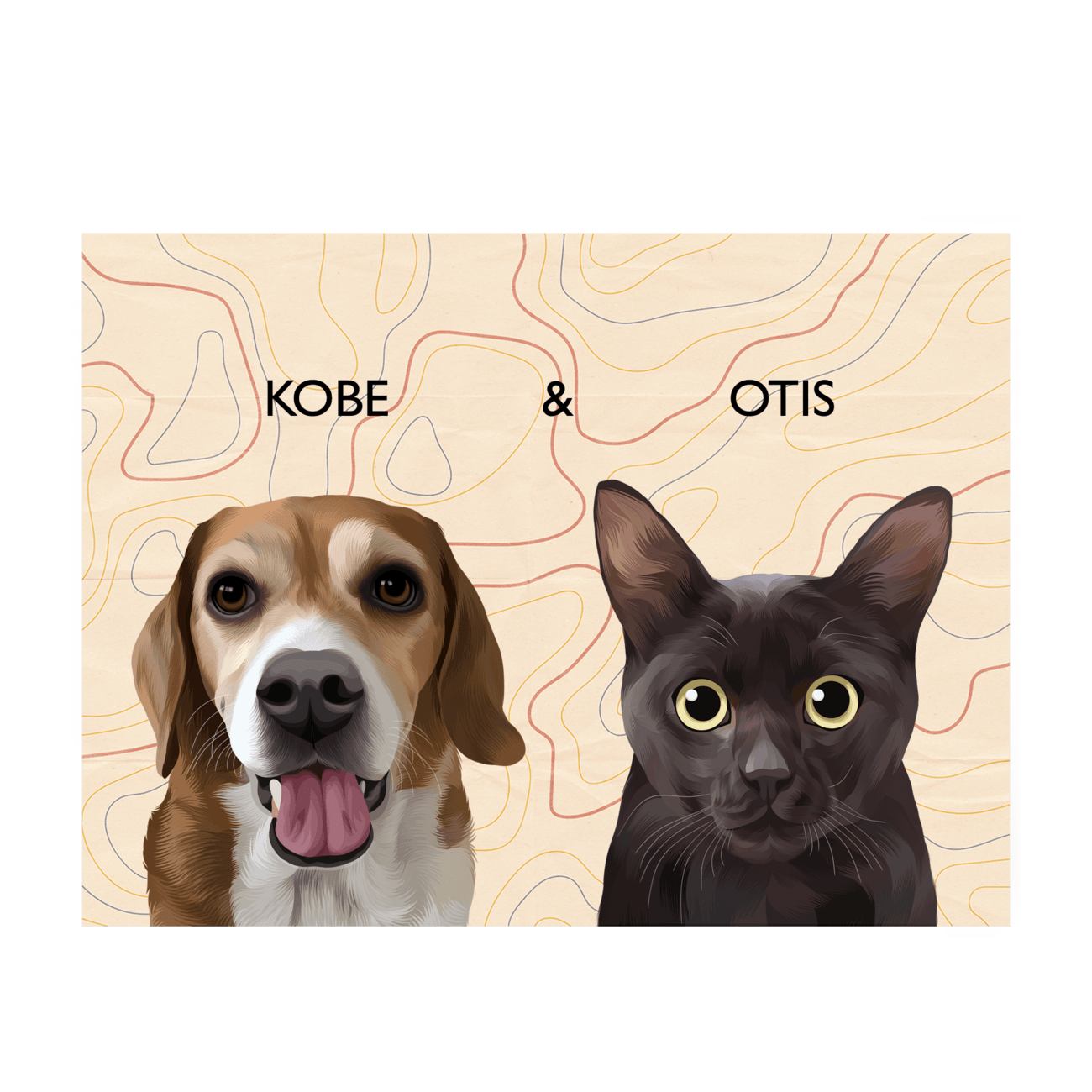 Modern pet portrait of a beagle named Kobe, featuring a warm-toned topographic line art background printed on premium matte paper.