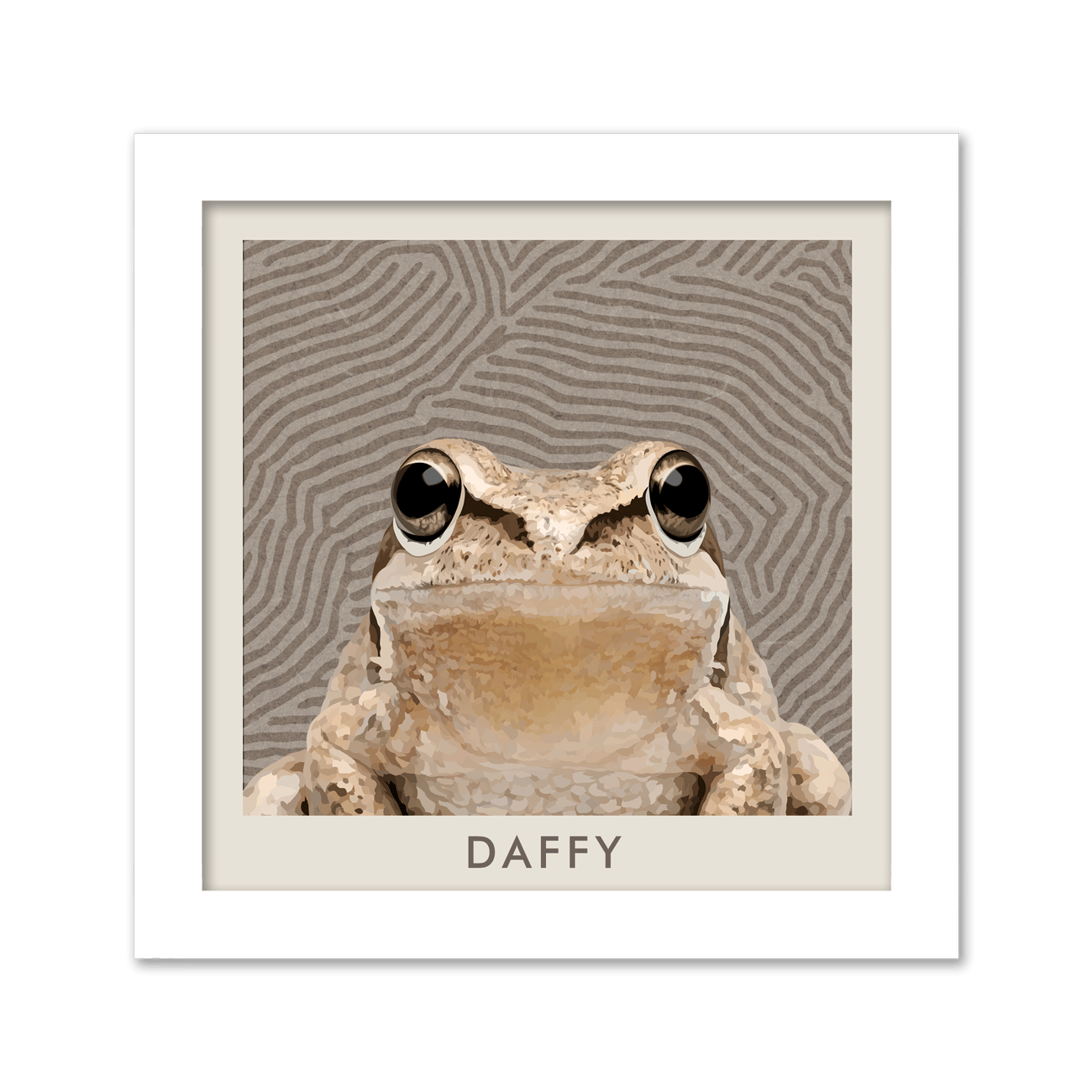 A bright white frame surrounds this Organic Terrain Lines Minimalist Pet Portrait, showcasing a softly illustrated frog over abstract contour lines for a fresh, minimal vibe.