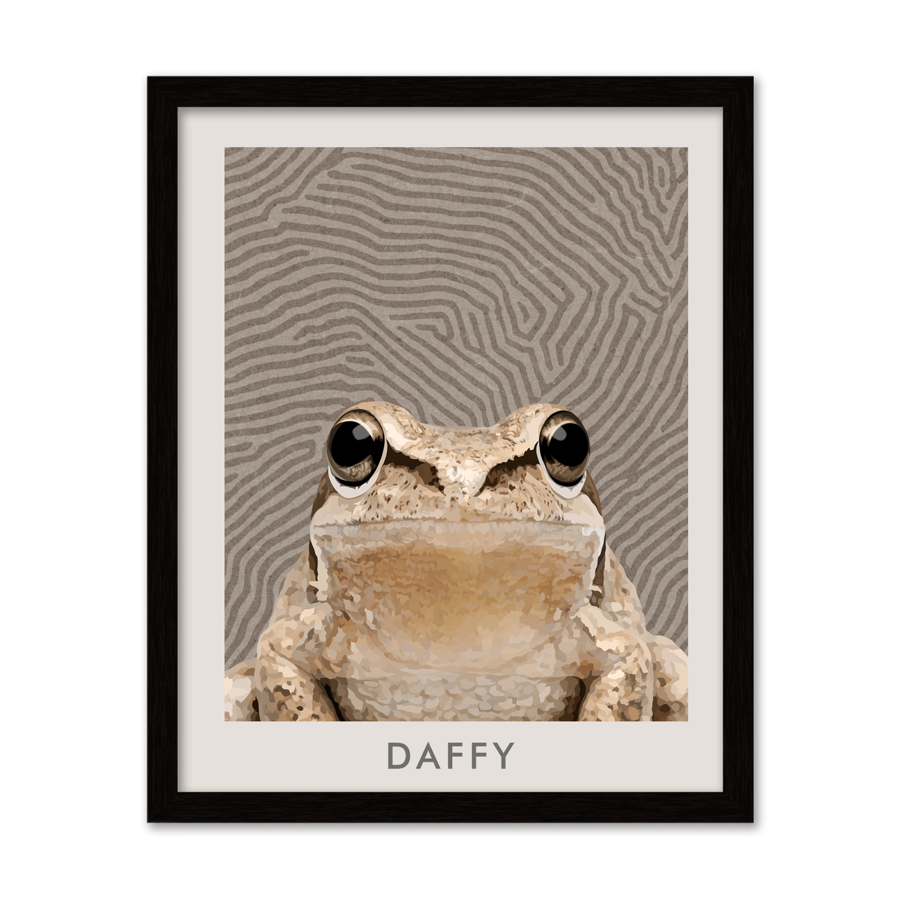 A vertical metal frame gives this Organic Terrain Lines Minimalist Pet Portrait a sleek edge, highlighting a centered frog illustration with soft terrain inspired linework.