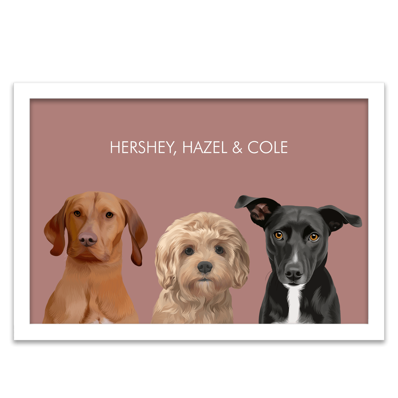 Soft Neutral Colored Background Pet Portrait with a muted red backdrop and white frame, styled with a light, clean look around the three pets.