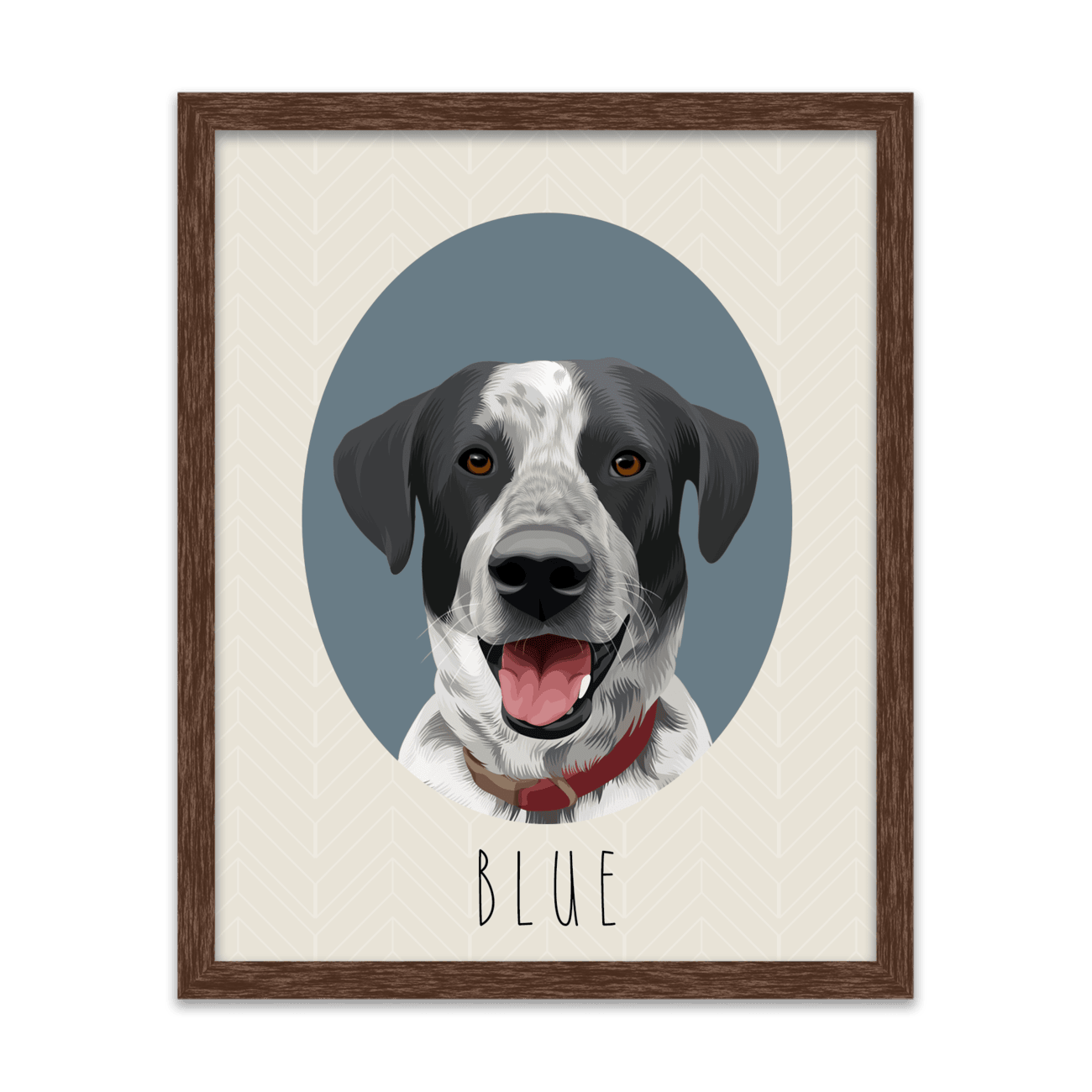 Hand-illustrated pet portrait of a dog named Blue, set against an oval-shaped blue background and placed in a dark walnut frame.