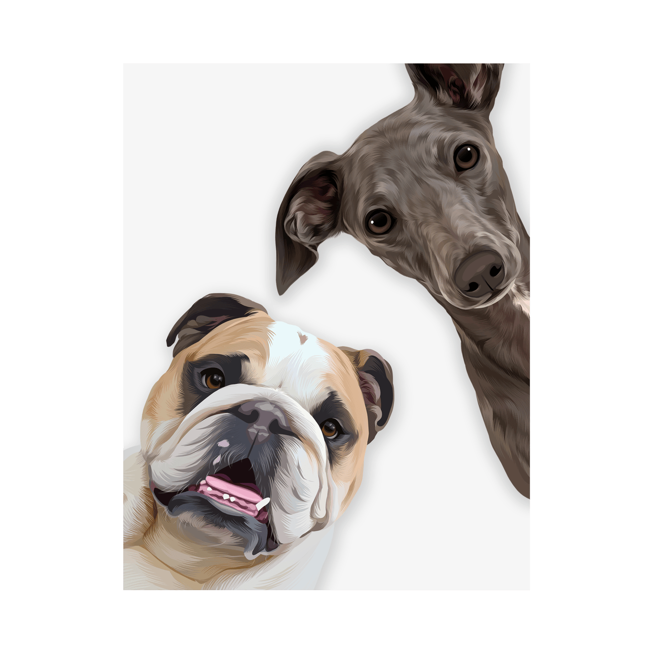 Print only playful peekaboo pet portrait featuring two dogs with a whimsical illustrated composition and clean modern styling.