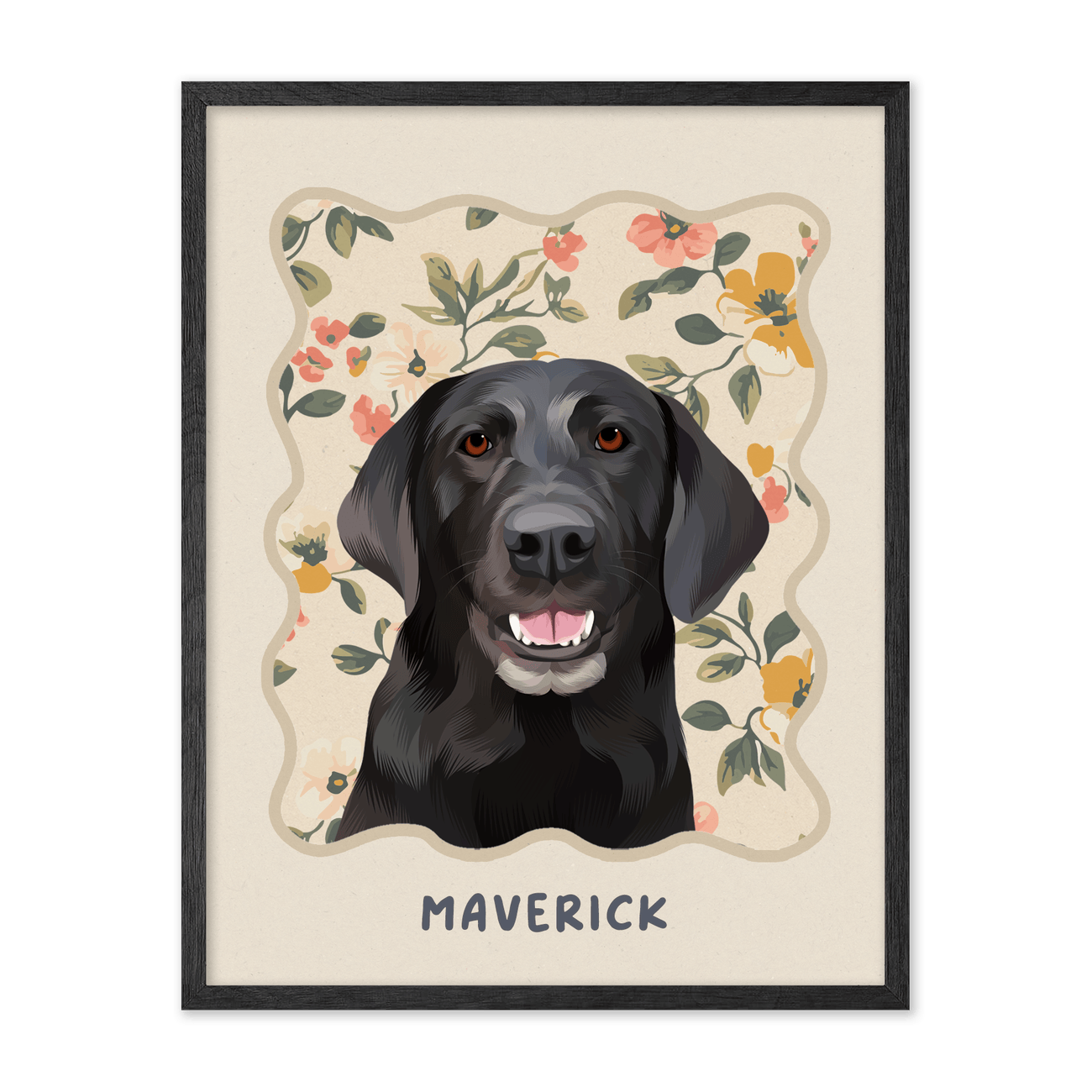 petportrait-vertical-vintagepeachfloralpattern_Black-Oak-Frame.png