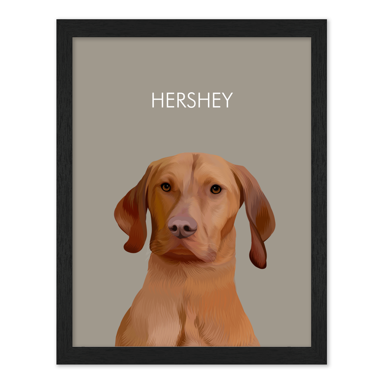 Framed pet portrait artwork of a Vizsla dog named Hershey on a neutral beige colored background, framed in a black frame.