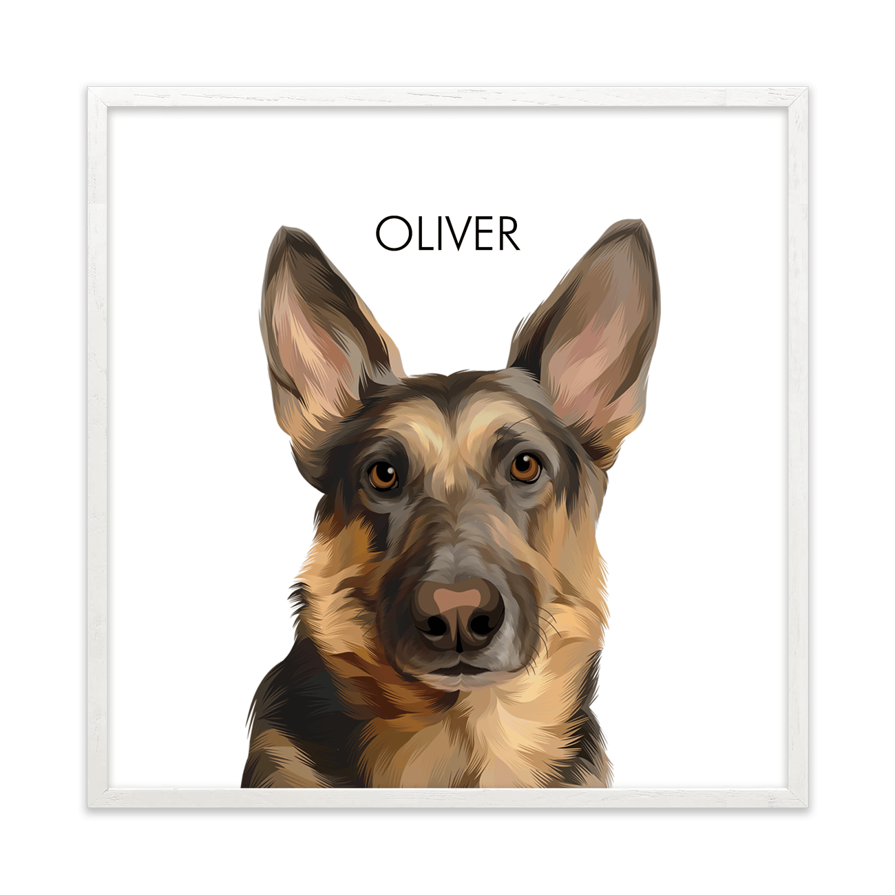 This custom German Shepherd artwork is presented in a square white oak frame with natural tones and minimalist styling.