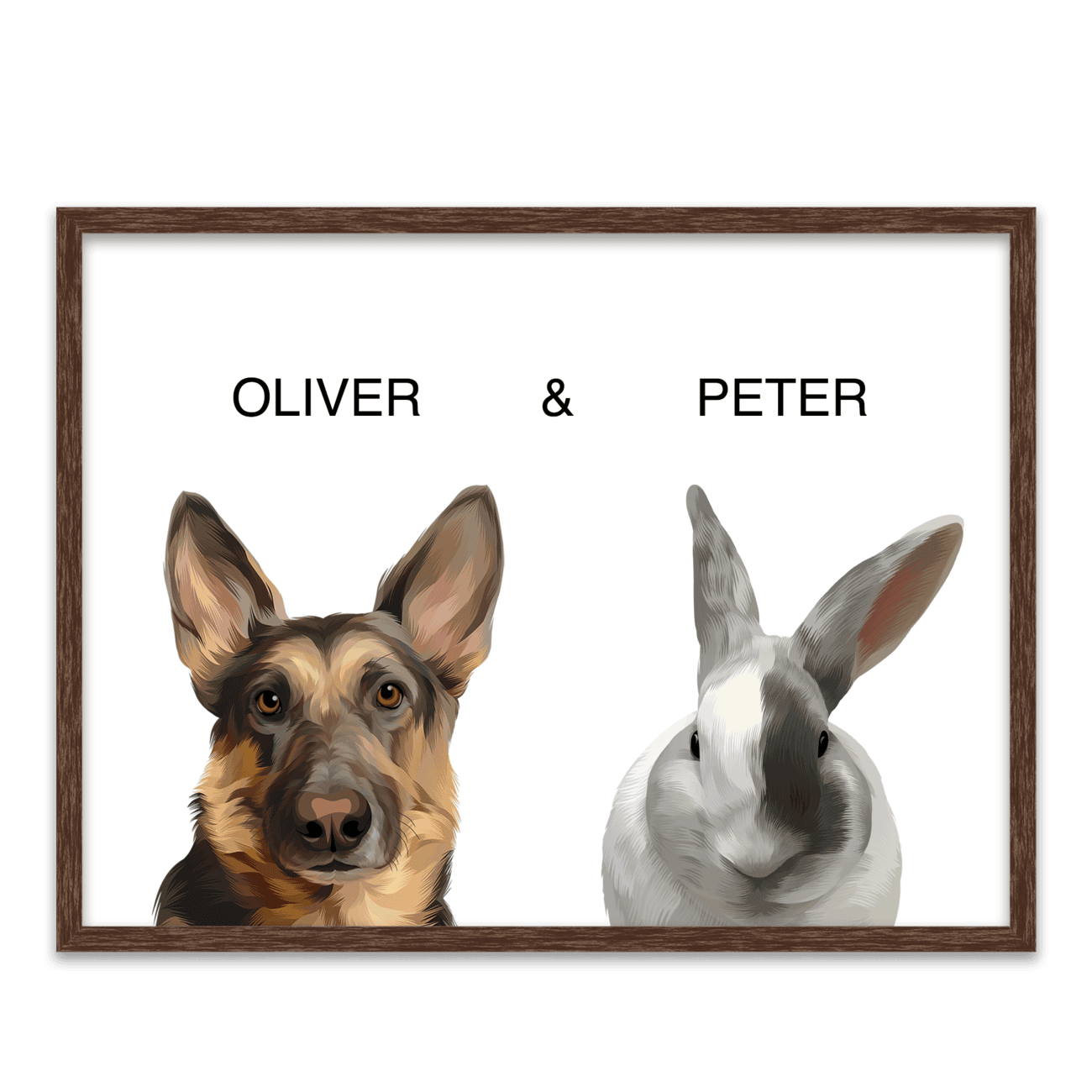 Framed pet portrait artwork of a German Shepherd dog named Oliver and a white bunny named Peter on a white background, placed in a dark walnut frame.