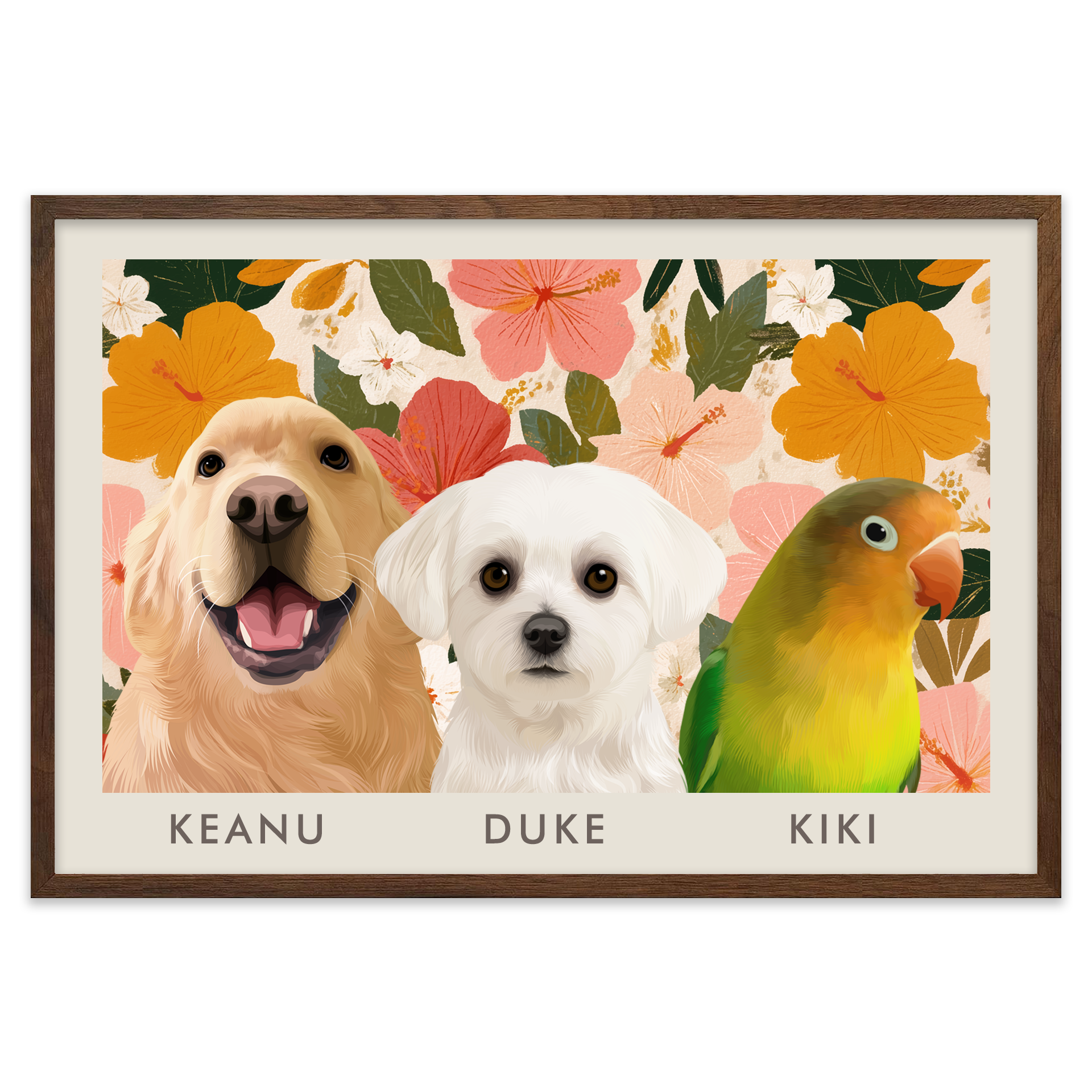 3petportrait-horizontal-goldenhawaiinhibiscussunset_Walnut-Frame.png