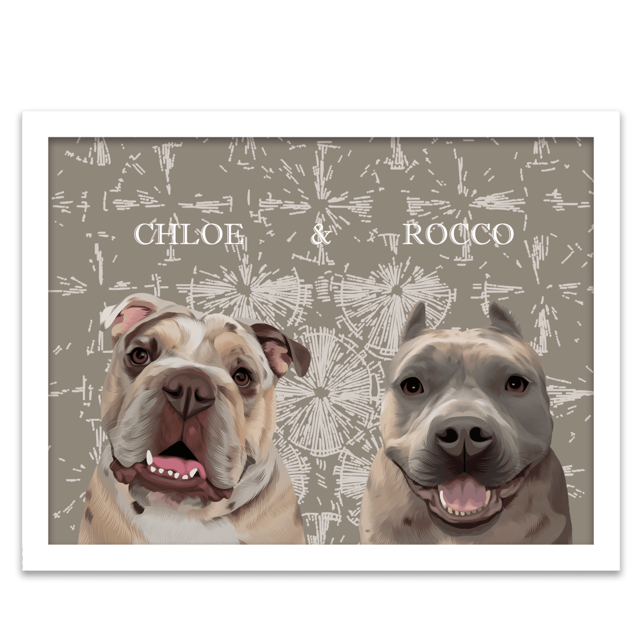 Boho themed pet portrait of a bulldog named Chloe and a pitbull named Rocco, hand-illustrated with a modern dandelion-inspired background and white frame.