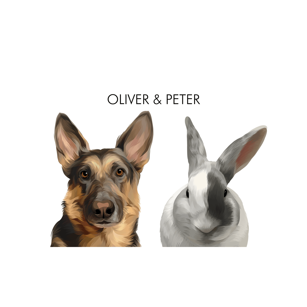 Print only personalized pet portrait of a German Shepherd dog and rabbit, arranged together on a simple white background.