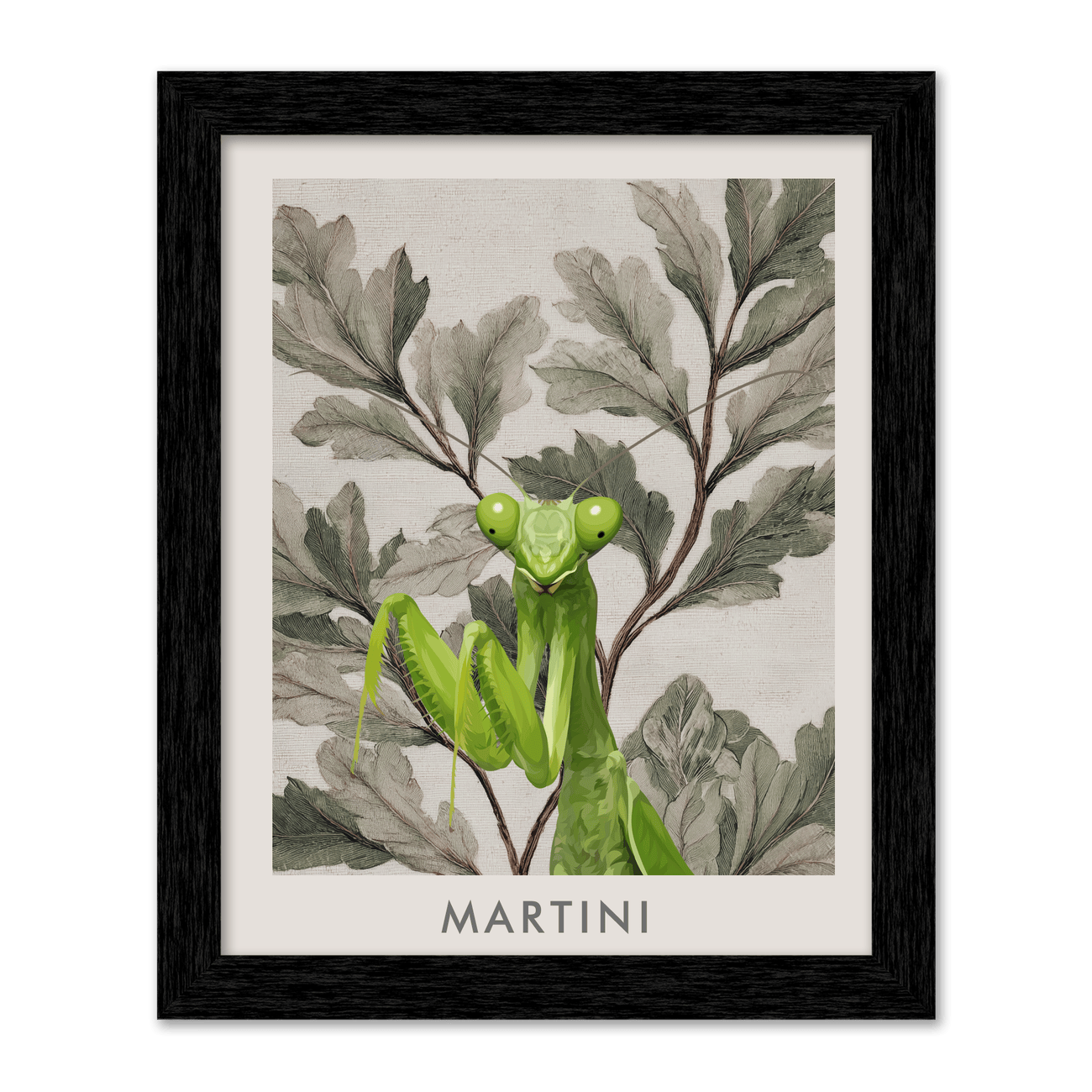 Green praying mantis illustration on vintage botanical leaf background, personalized name Martini, black framed wall art.