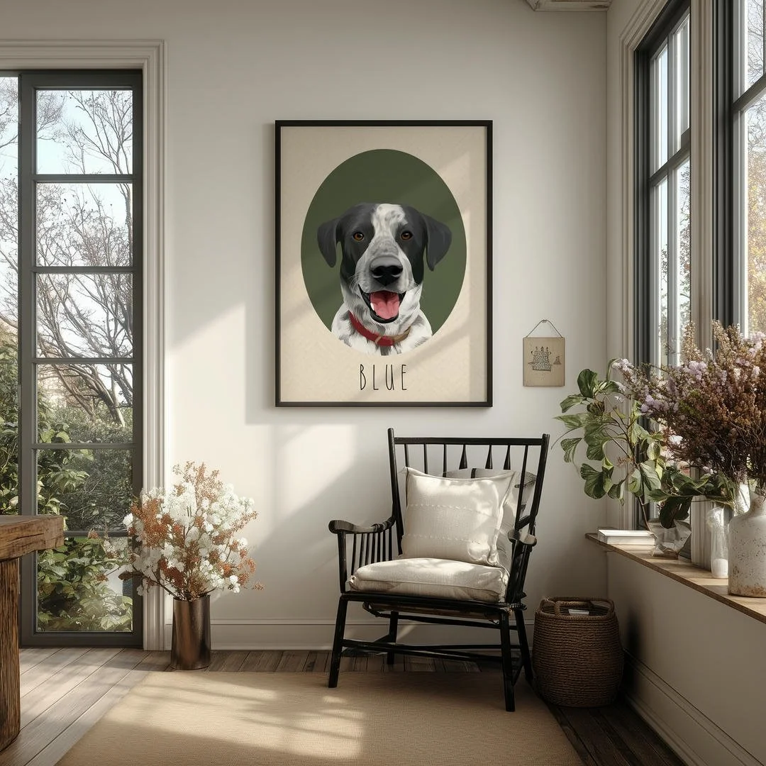 Retro rainbow pet portrait hanging on wall