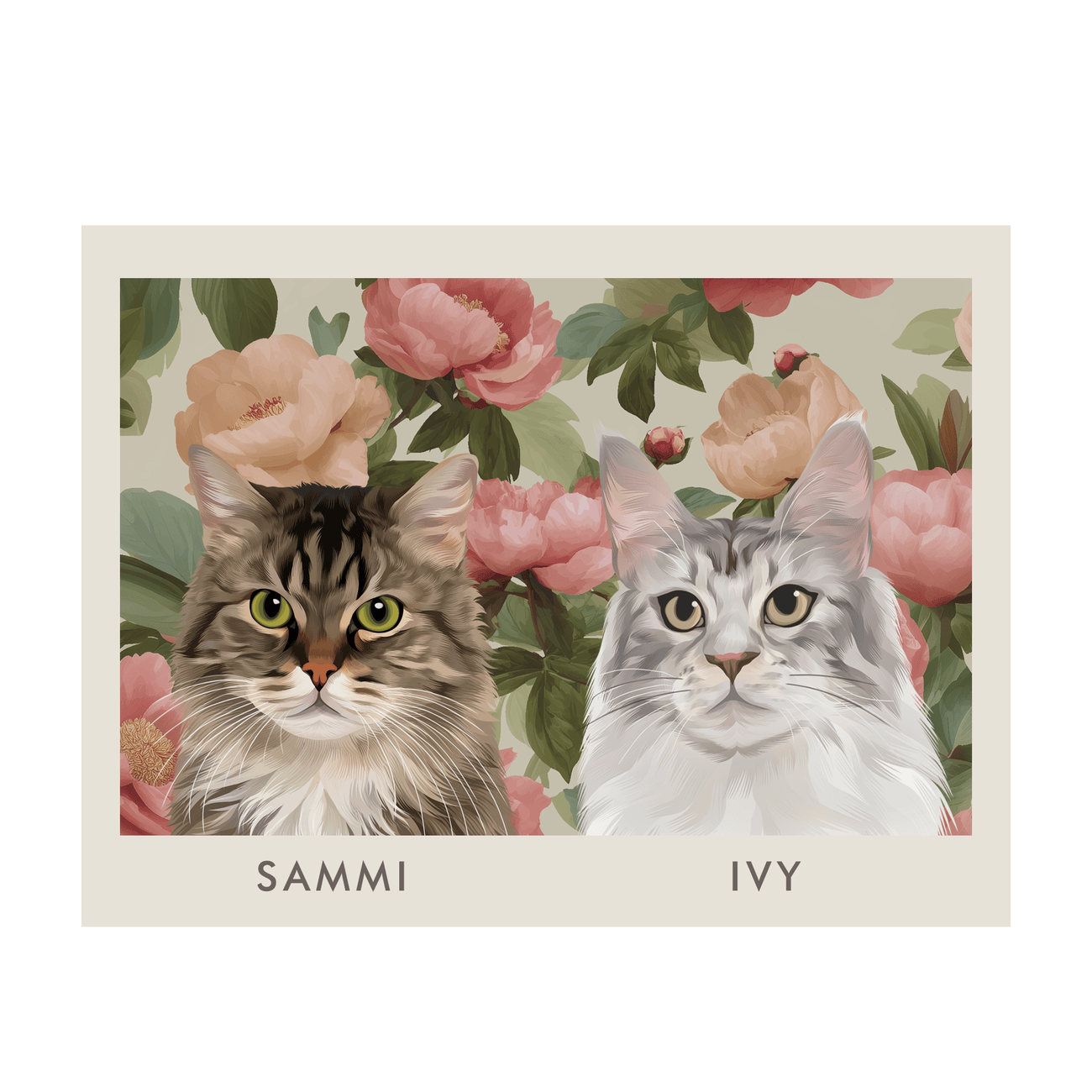 Print-only custom pet portrait with vintage blush pink peonies design, detailed hand-drawn illustration of two cats on a soft floral backdrop.