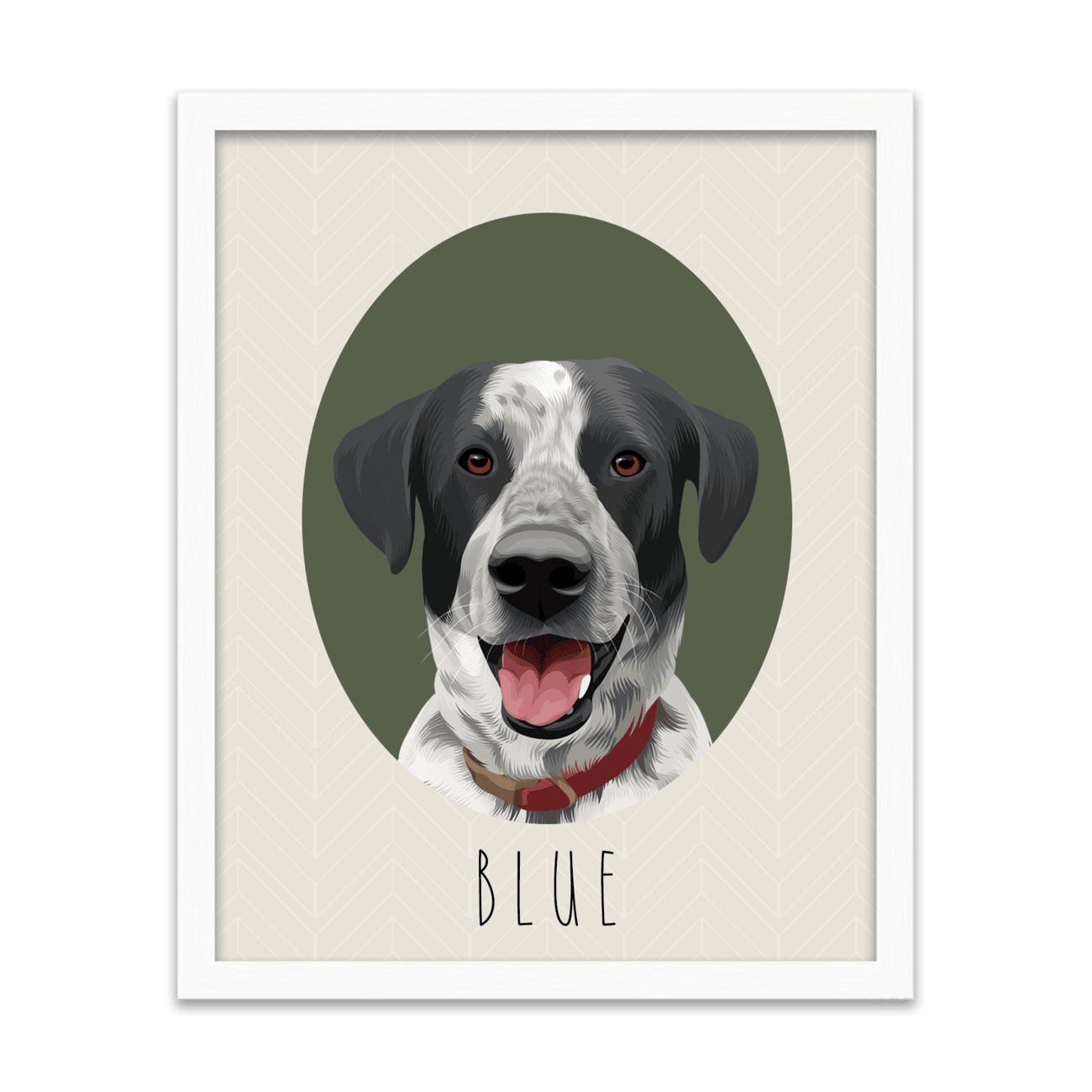 Hand-illustrated pet portrait of a dog named Blue, set against an oval-shaped green background and placed in a white oak frame.