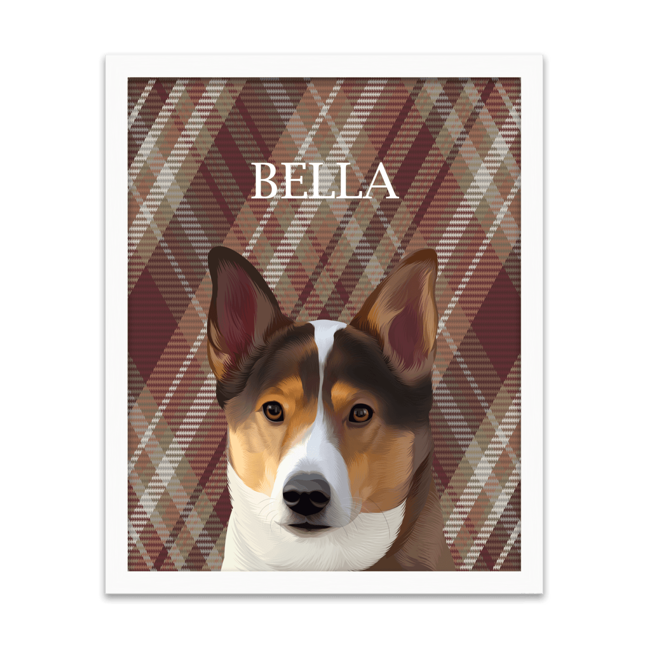 A pet portrait of a corgi named Bella, shown against a burgundy plaid background, within a white oak frame.