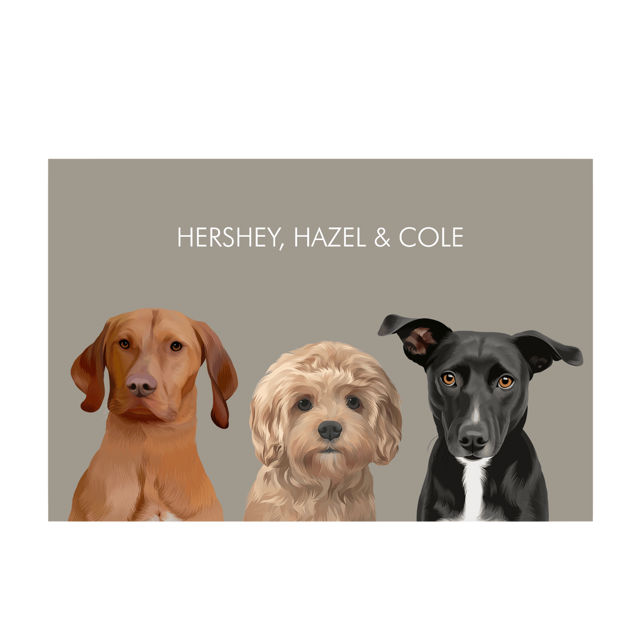 Three custom illustrated pets on a Soft Neutral Colored Background Pet Portrait with a beige backdrop in print only format, clean and modern with no frame.