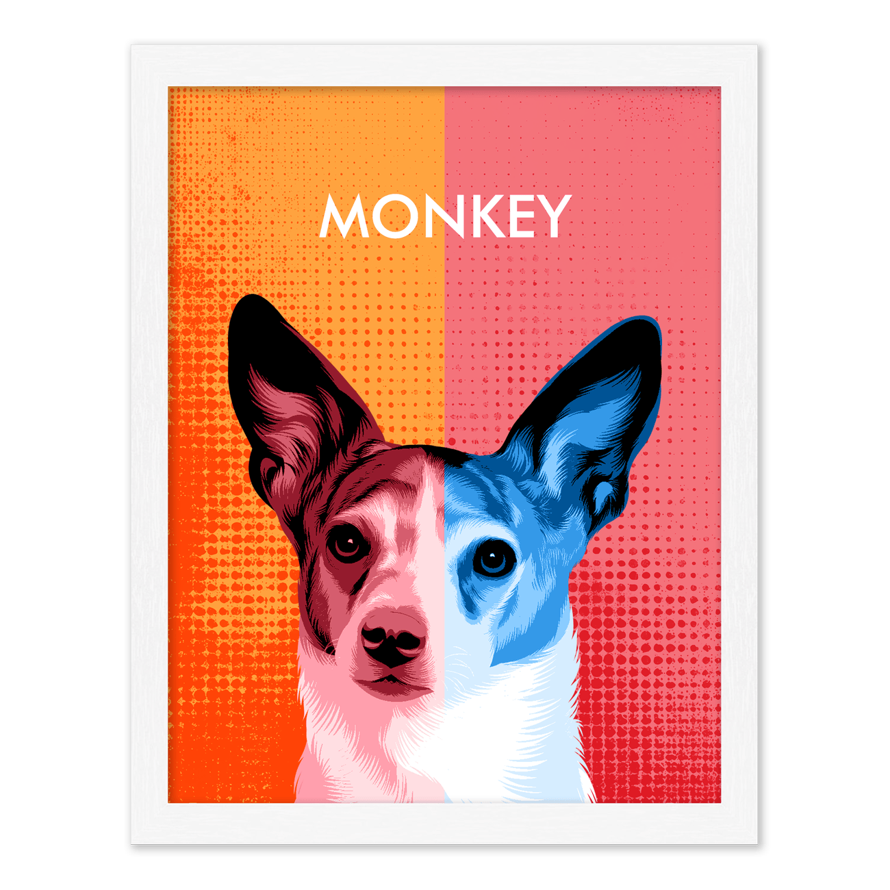 This vertical pet portrait combines graphic pop art influence with playful two toned colors, beautifully accented by a standard white frame.