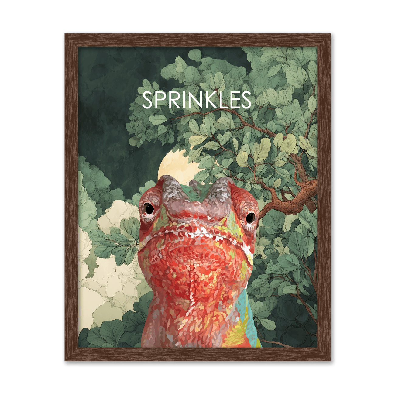 Chameleon pet portrait in vertical walnut frame, showcasing a colorful chameleon with a rich moonlit forest backdrop filled with lush foliage and branches.