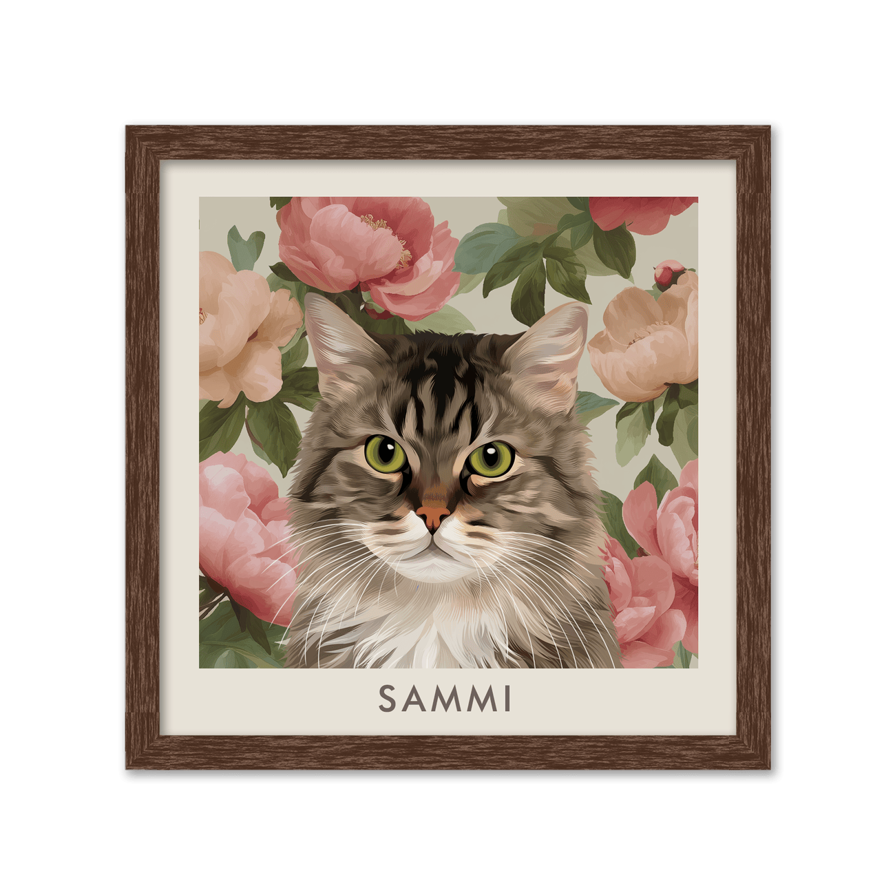 Walnut framed Vintage Blush Pink Peonies Pet Portrait showing a realistic tabby cat illustration with layered blush and cream peonies in an elegant vintage floral design.