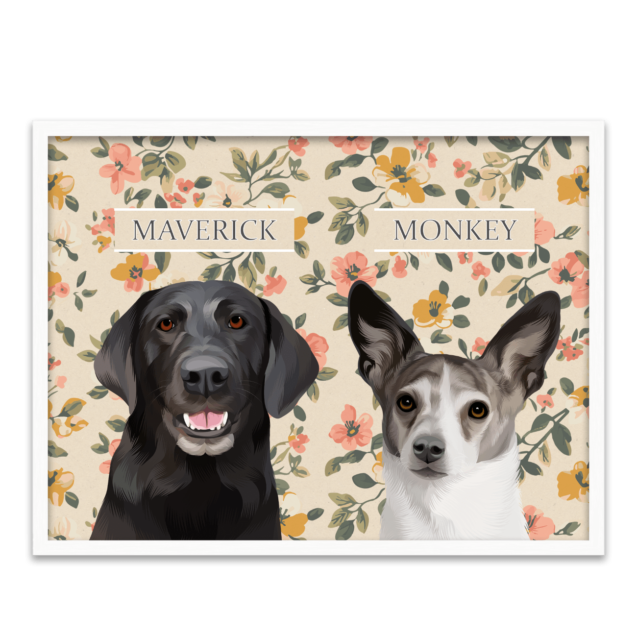 Vintage-style custom pet portrait of a black dog named Maverick and a white dog named Monkey, featured in a hand-illustrated floral background with a white oak frame.