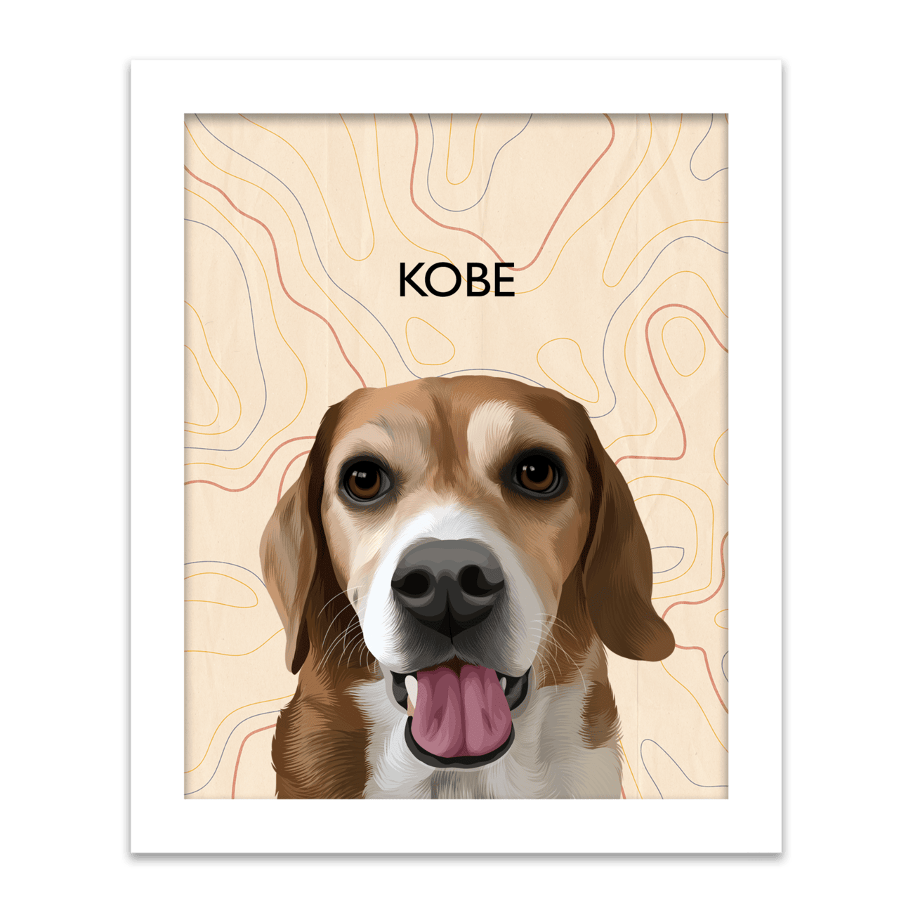 Modern pet portrait of a beagle named Kobe, featuring a warm-toned topographic line art background within a white frame .