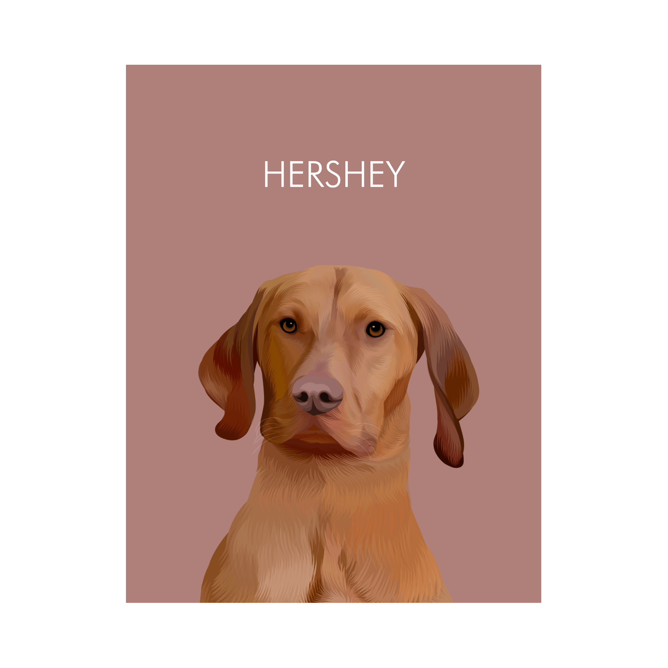 Framed pet portrait artwork of a Vizsla dog named Hershey on a neutral red colored background, printed on enhanced matte paper.
