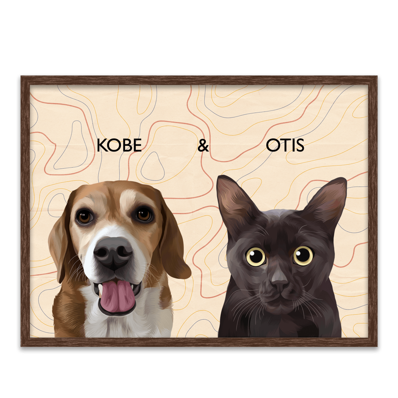 Modern pet portrait of a beagle named Kobe, featuring a warm-toned topographic line art background within a dark walnut frame .