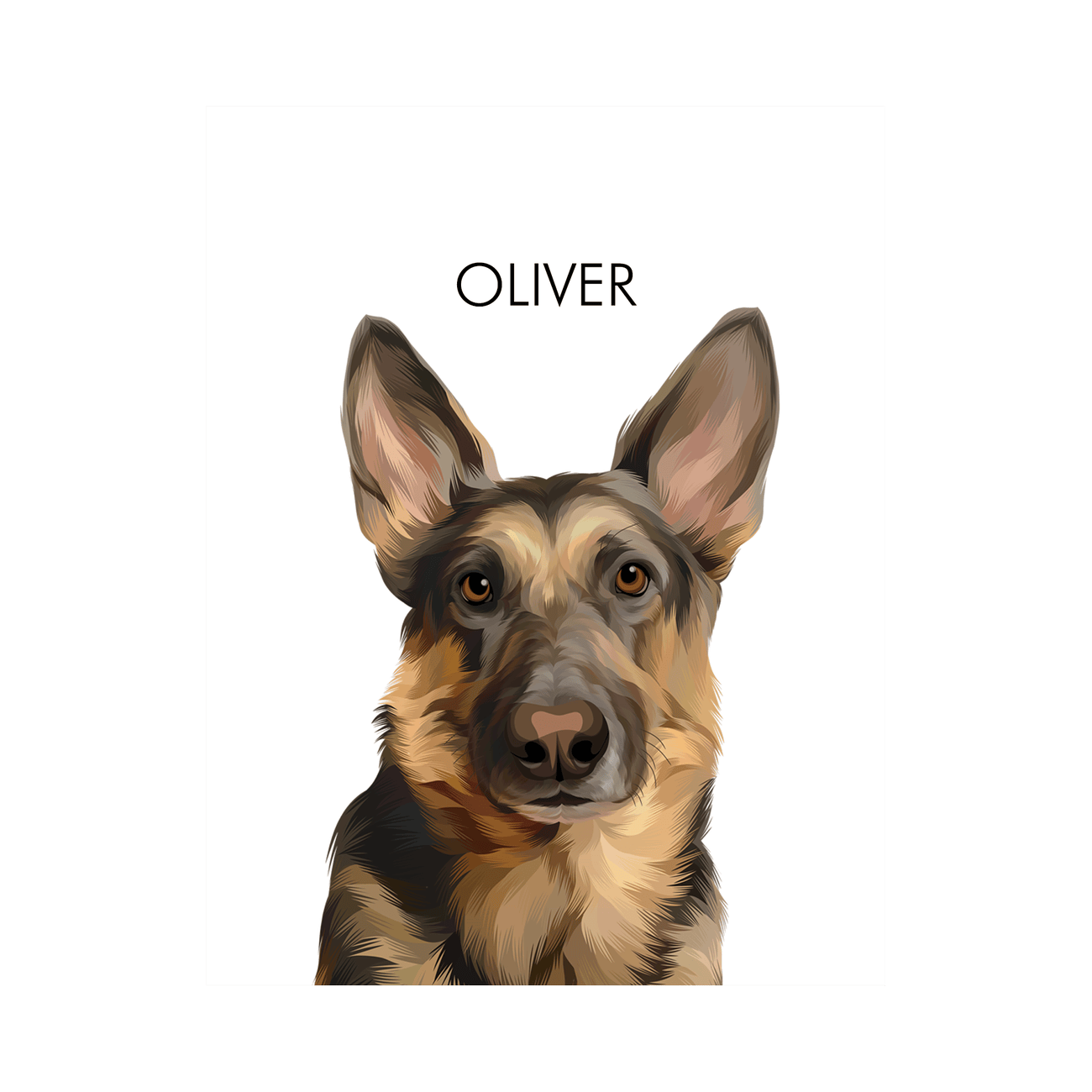 Vertical print only German Shepherd artwork with realistic coloring and a bright minimalist white background.