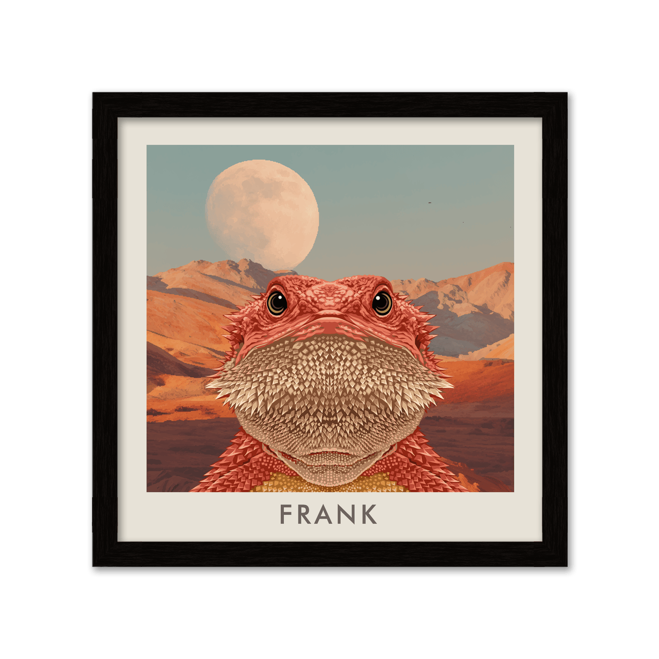Custom bearded dragon art of Frank with desert mountains and moon, metal frame.