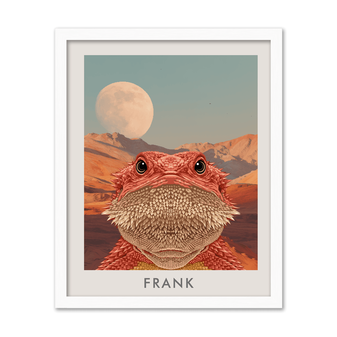 Custom bearded dragon portrait of Frank in a desert moon landscape with a white oak frame.