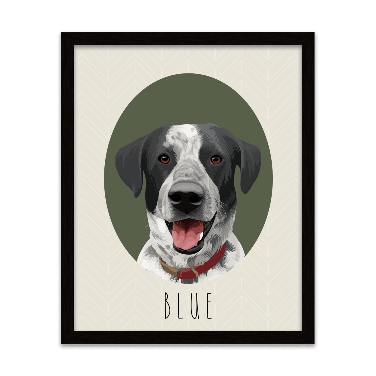 Hand-illustrated pet portrait of a dog named Blue, set against an oval-shaped green background and placed in a metal frame.