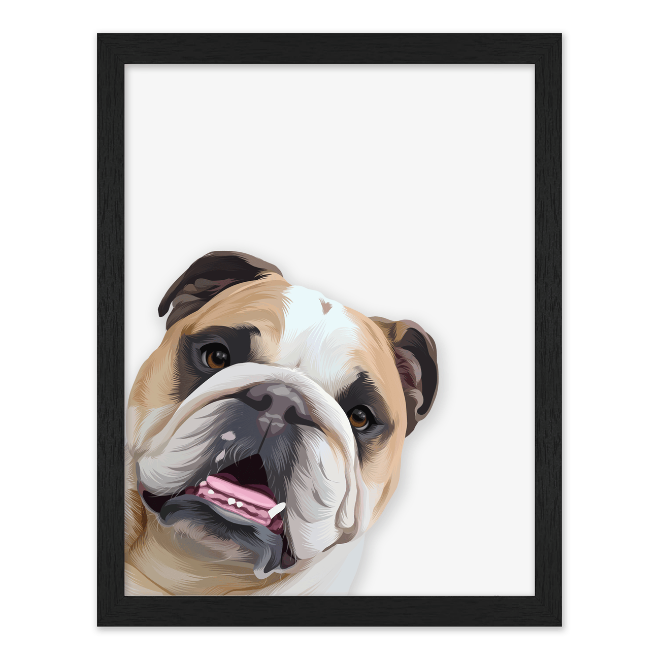 Styled vertically, this playful peekaboo Bulldog pet portrait showcases a curious pose with clean modern illustration details in a black frame.