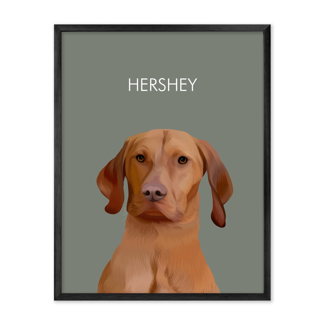 Framed pet portrait artwork of a Vizsla dog named Hershey on a neutral green colored background, framed in a metal frame.