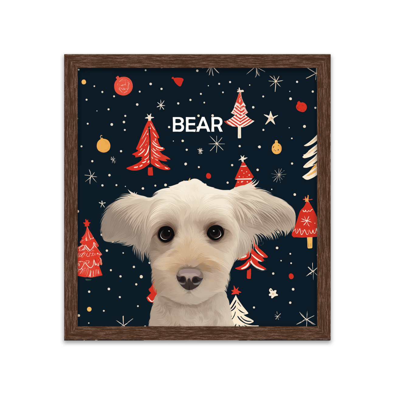 Custom holiday pet portrait of a small dog named Bear, illustrated with a festive Christmas tree pattern background and framed in a classic square walnut frame.