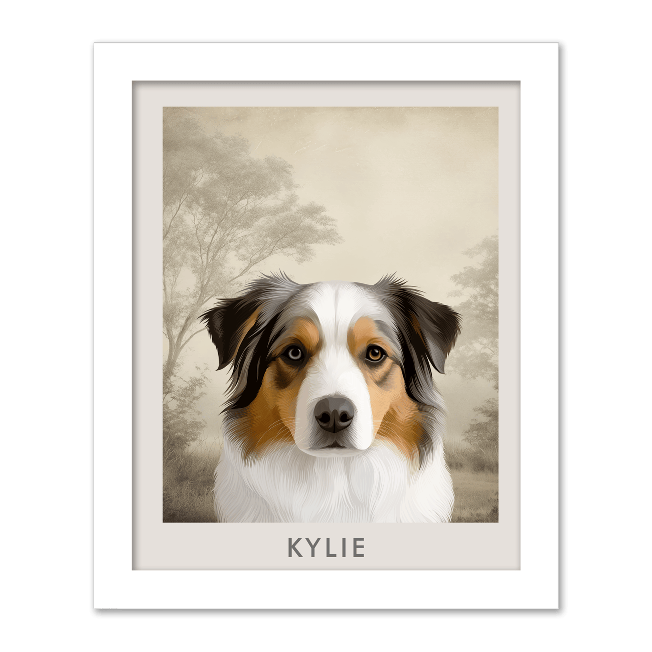 Australian Shepherd portrait in a soft vintage landscape with misty trees, framed in clean white wood for a refined, airy, classic look.