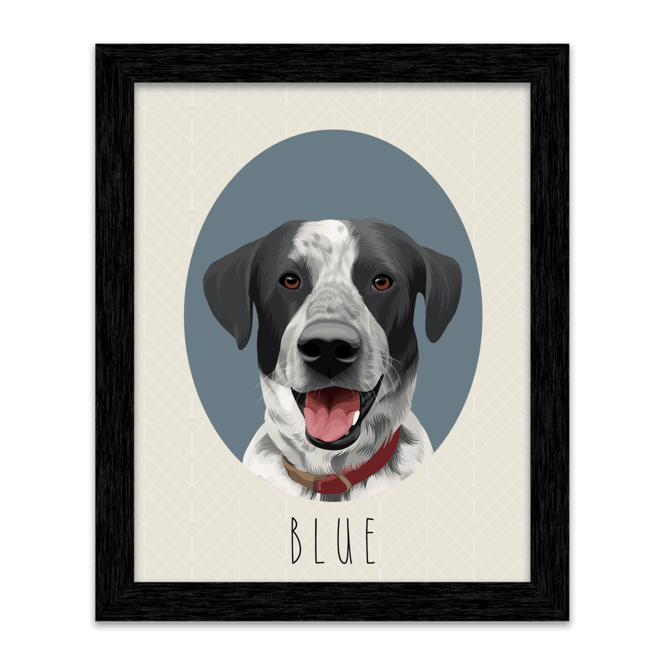 Hand-illustrated pet portrait of a dog named Blue, set against an oval-shaped blue background and placed in a black frame.
