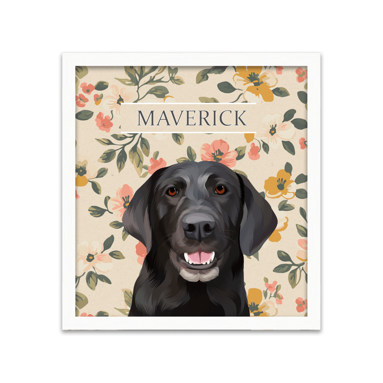 Vintage-style custom pet portrait of a black dog named Maverick , featuring a hand-illustrated floral background with a square white oak frame.