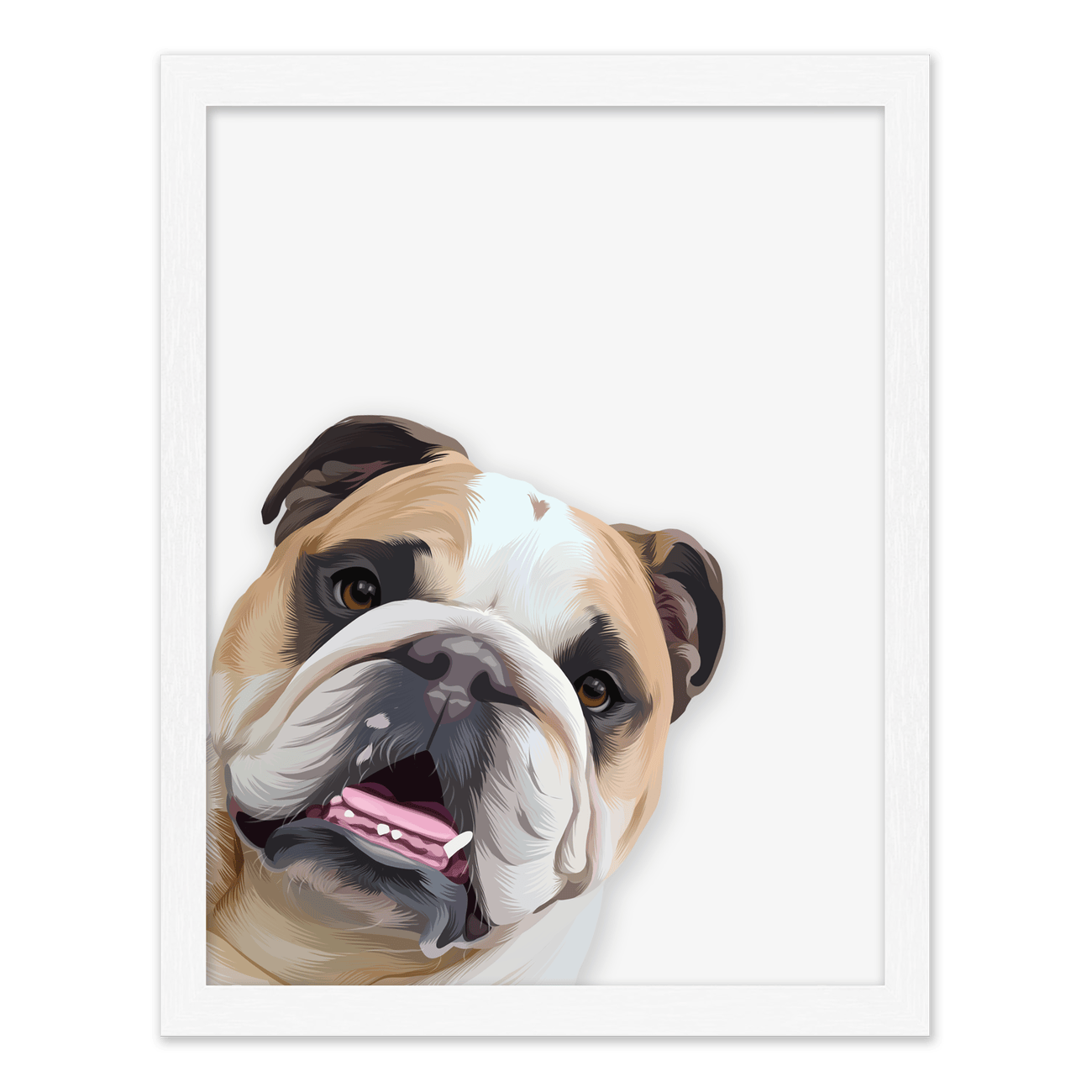 A playful peekaboo dog portrait featuring a cheerful Bulldog illustration in a whimsical modern style displayed in a standard white frame.