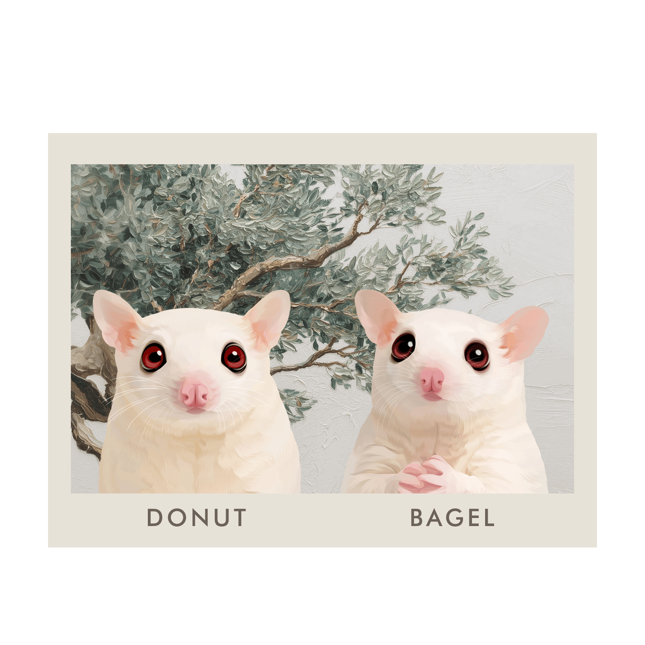 Gallery quality two pet portrait from your pet with a serene Mediterranean olive tree background and soft textured brushwork.
