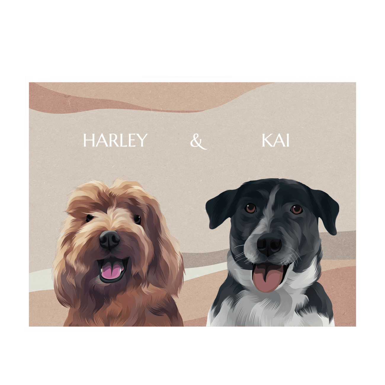 Boho pet portrait of a dog named Harley and a black dog named Kai, custom hand-illustrated with a warm earthy background and printed on high-quality paper.