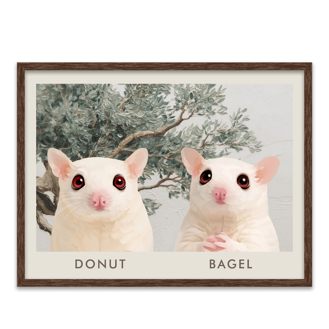 Warm walnut wood frame surrounding a custom two pet portrait from your pet with a natural Mediterranean olive tree scene.