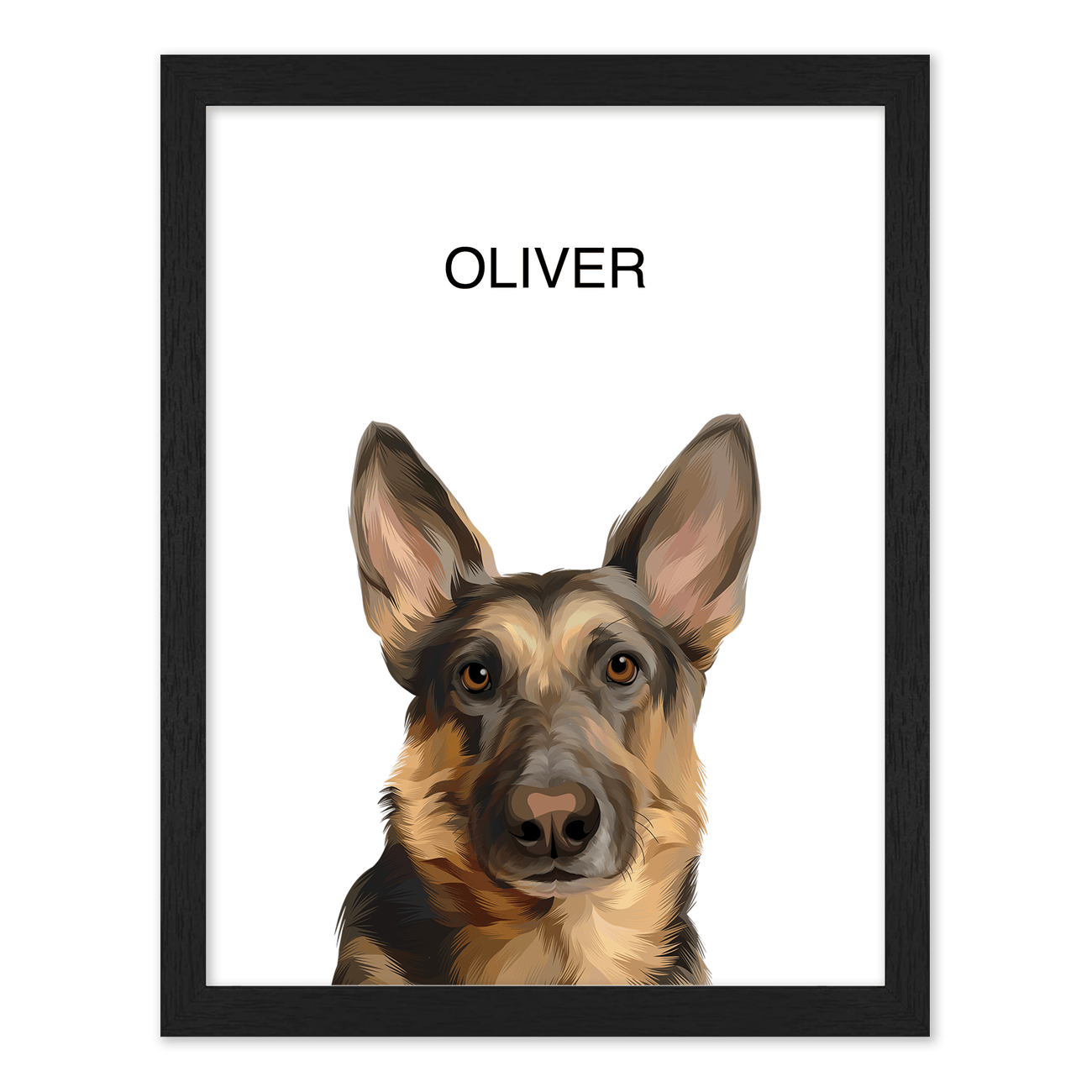 Vertical pet portrait of a German Shepherd named Oliver, presented in a classic black frame for a bold, gallery-style look.