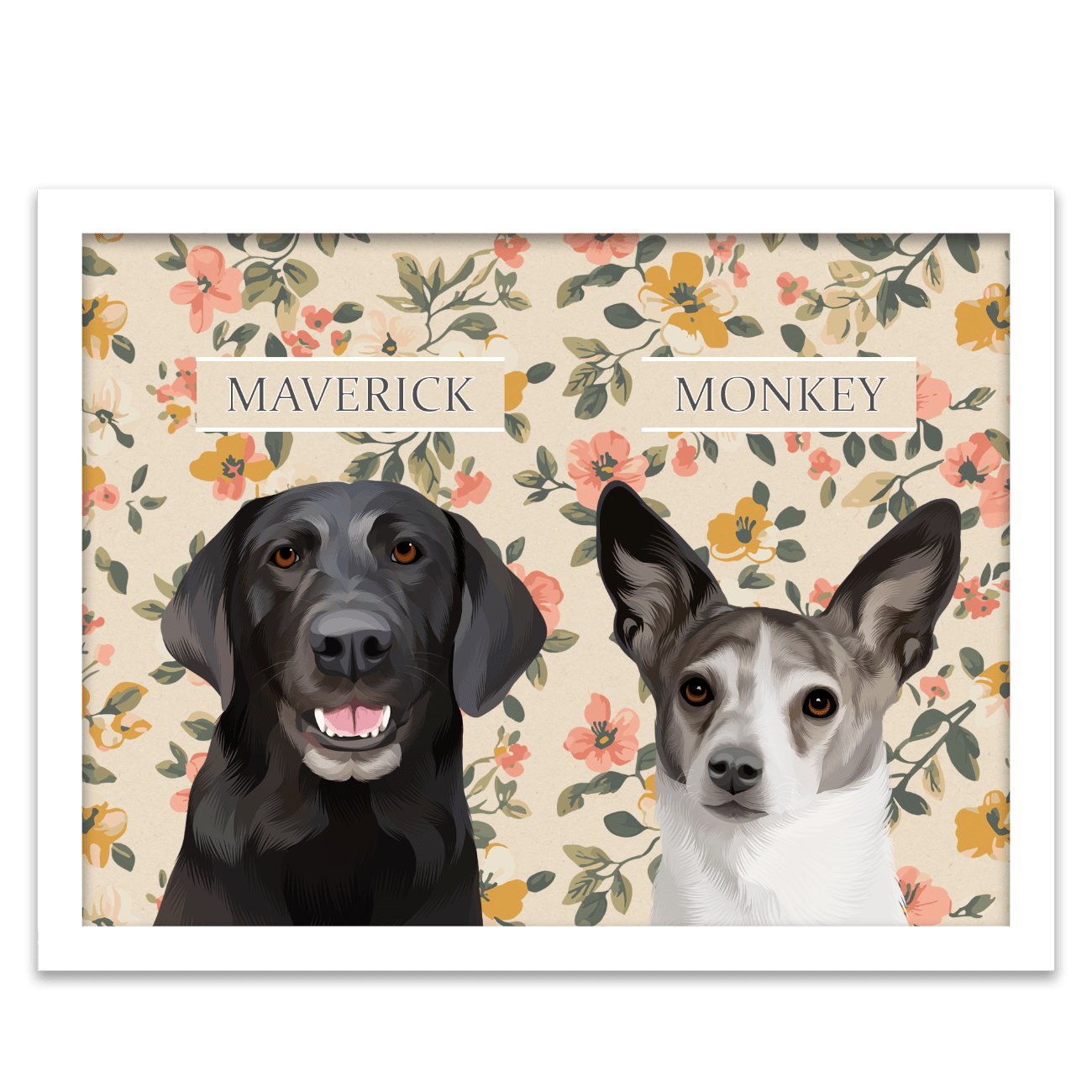 Vintage-style custom pet portrait of a black dog named Maverick and a white dog named Monkey, featured in a hand-illustrated floral background with a white frame.