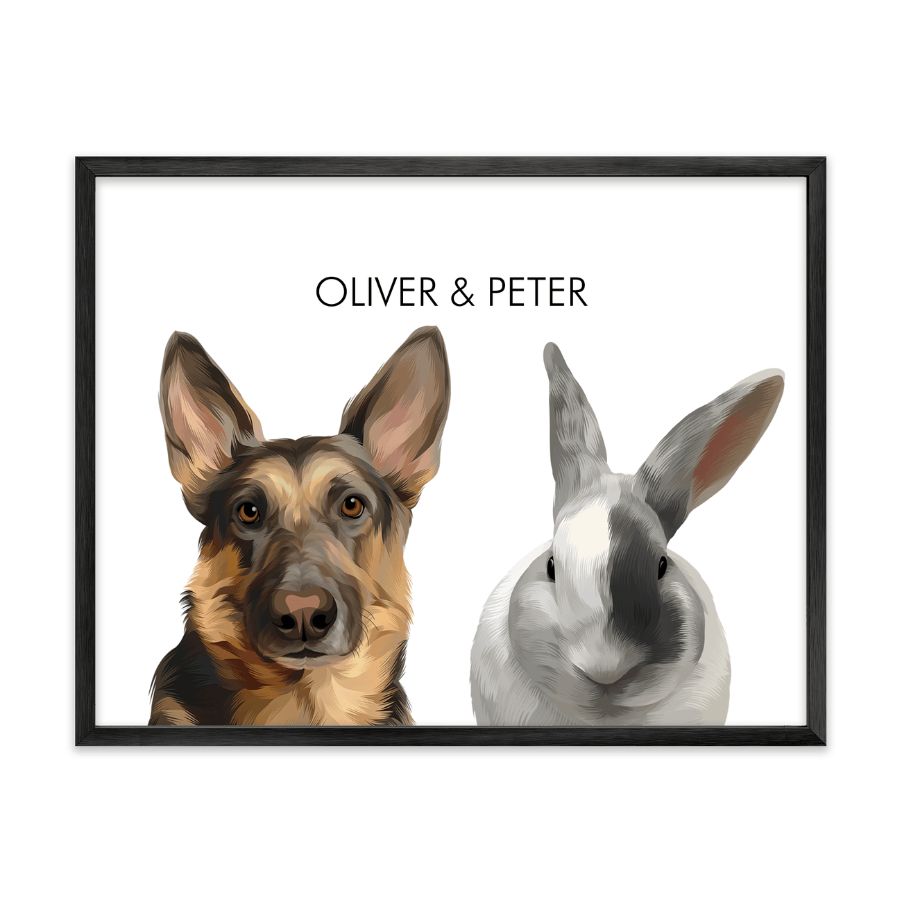 Modern 2 pet portrait featuring a German Shepherd dog and rabbit in a brushed metal frame with a bright white studio style background.