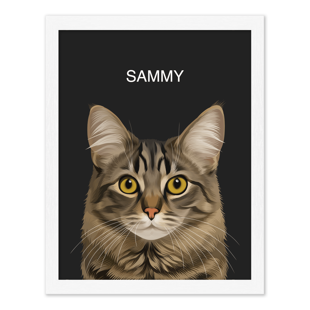 Hand drawn tabby cat pet portrait of Sammy on a black background in a white frame, custom pet art from your photo.