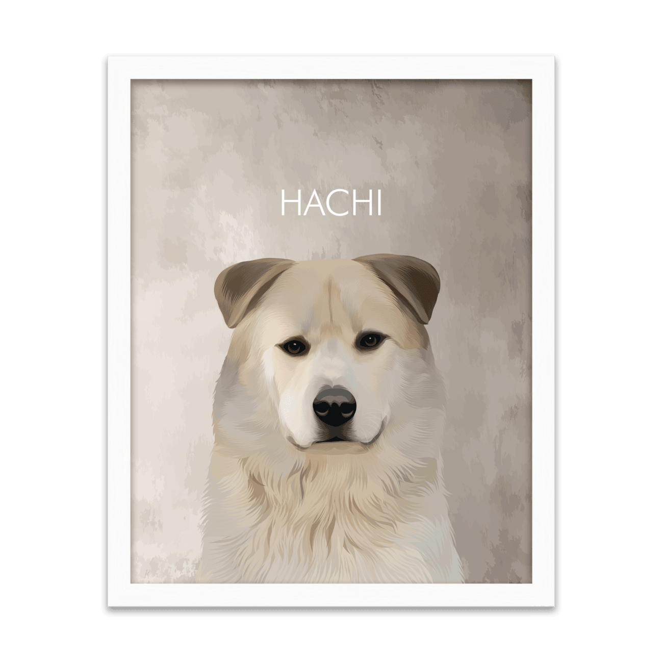 Hand-illustrated pet portrait of a white named Akita Hachi, centered on a textured limewash background, and displayed in a white oak frame.