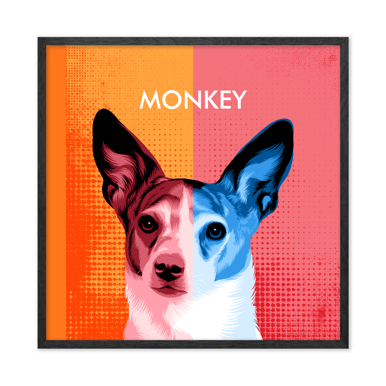 A bold two toned modern pop art pet portrait featuring a charming pup against vibrant contrasting colors, beautifully showcased in a sophisticated black oak frame.