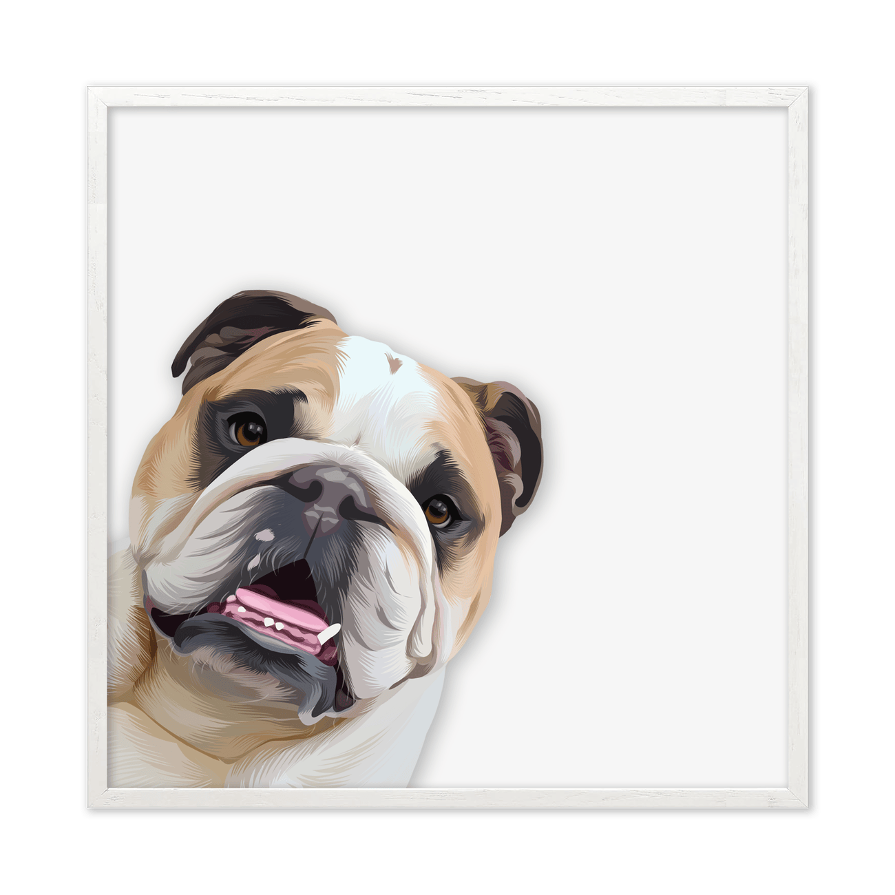 Framed in white oak, this square playful peekaboo Bulldog portrait highlights a charming expression with a modern minimalist pet portrait aesthetic.