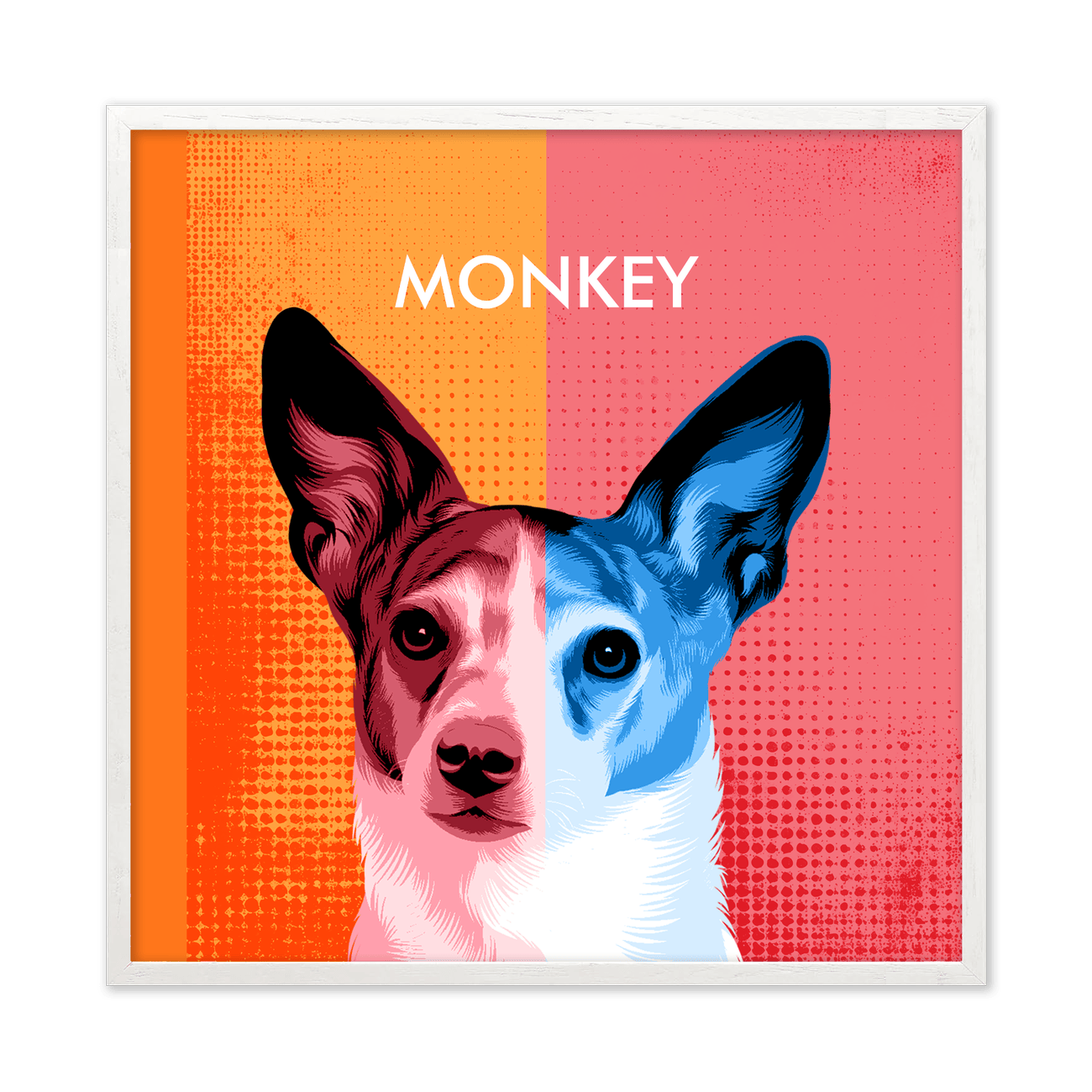 A cheerful two toned modern pet portrait designed to spotlight your furry companion, paired with a bright and natural white oak frame.