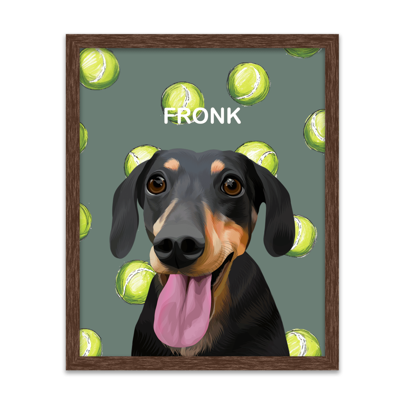 Pet portrait of a black dachshund dog named Fronk, against a playful tennis ball pattern on a neutral green background, displayed in a walnut frame.