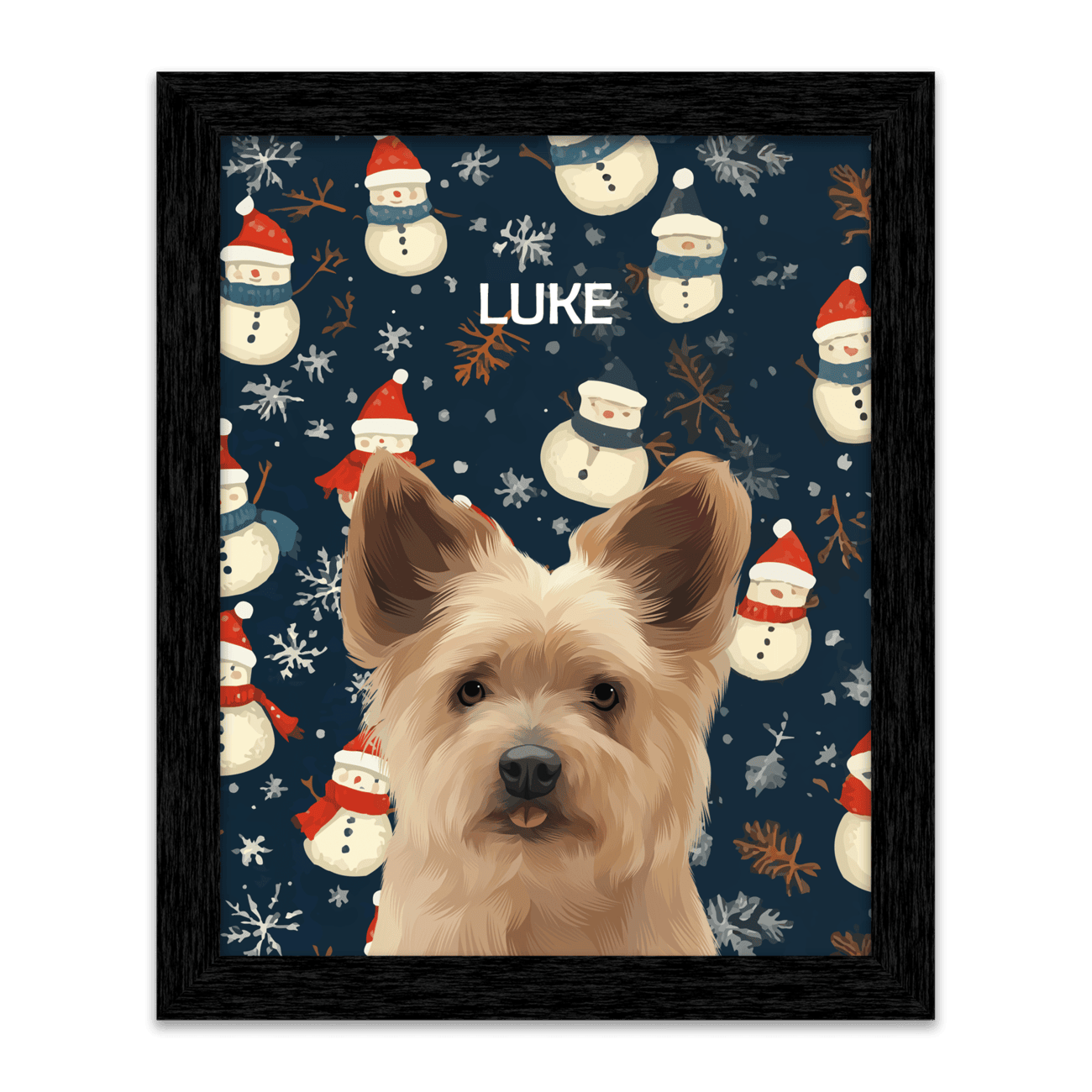 Custom winter pet portrait of a small brown dog named Luke, illustrated with a playful snowman and snowflake pattern background, framed in a black frame.